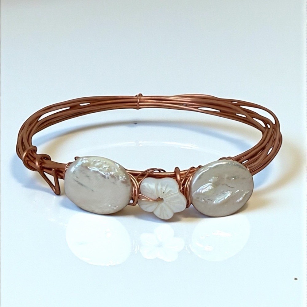 Freshwater Pearl Coin Hibiscus Flower Copper Wire Wrap Bangle Bracelet